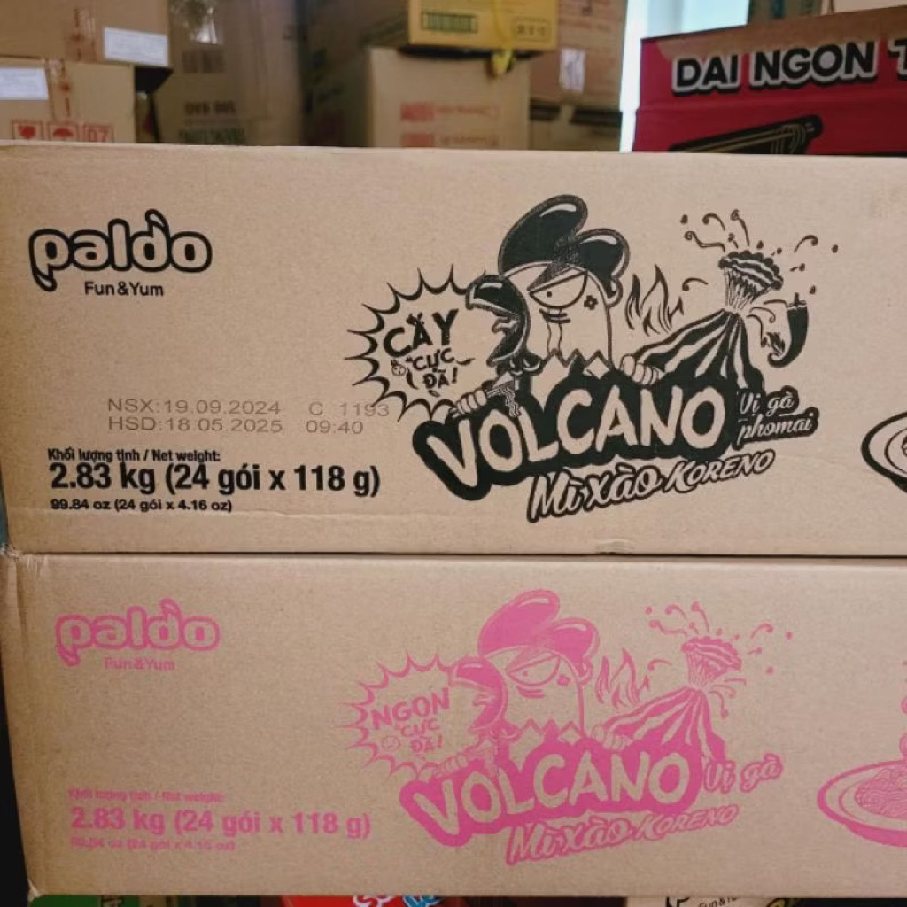 Thùng Mì xào Volcano Koreno vị phô mai, và vị gà 24 gói