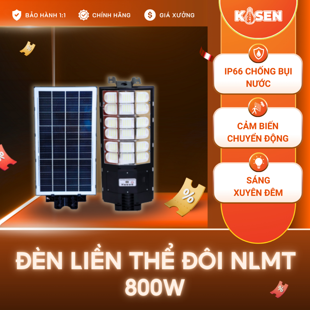 Đèn Liền Thể Đôi Năng Lượng Mặt Trời KOSEN 800W – Cảm Biến Chuyển Động, Chống Nước, Siêu Sáng, BH 24 Tháng
