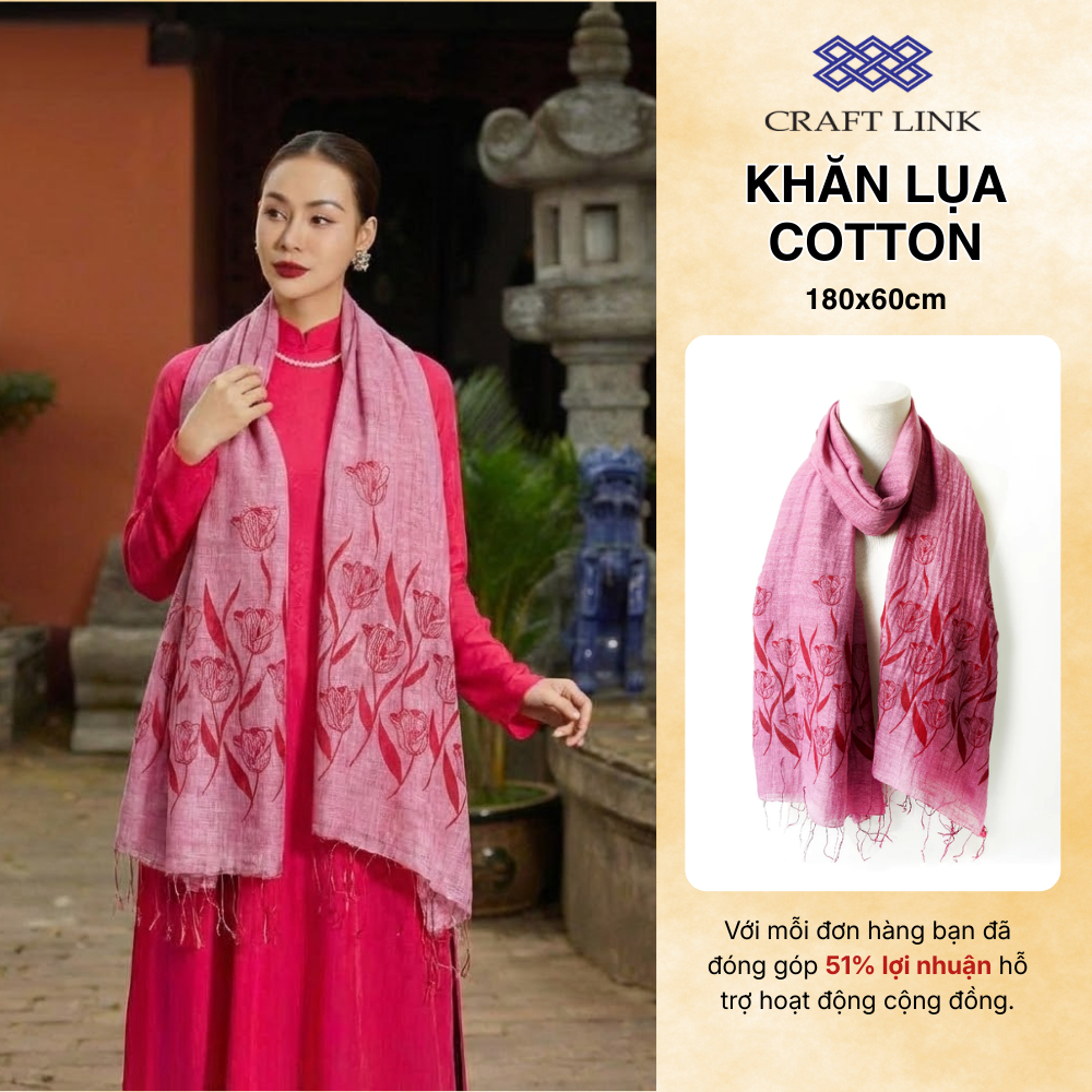 Khăn Quàng Choàng Cổ Nữ Craft Link Họa Tiết Hoa Tulip Lụa Cotton Handmade Sang Trọng Quà Tặng Mẹ, Cô