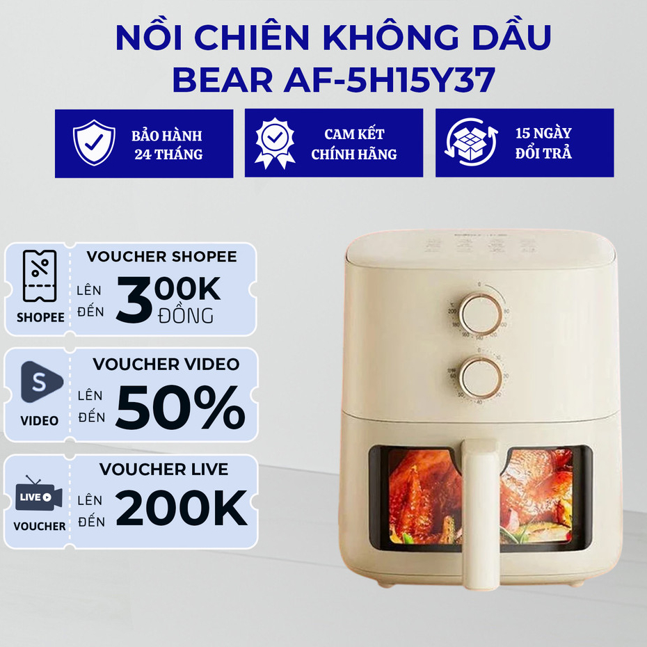 NỒI CHIÊN KHÔNG DẦU BEAR AF-5H15Y37 - Công suất 1500W, Dung Tích 5L - Màn hình hiển thị