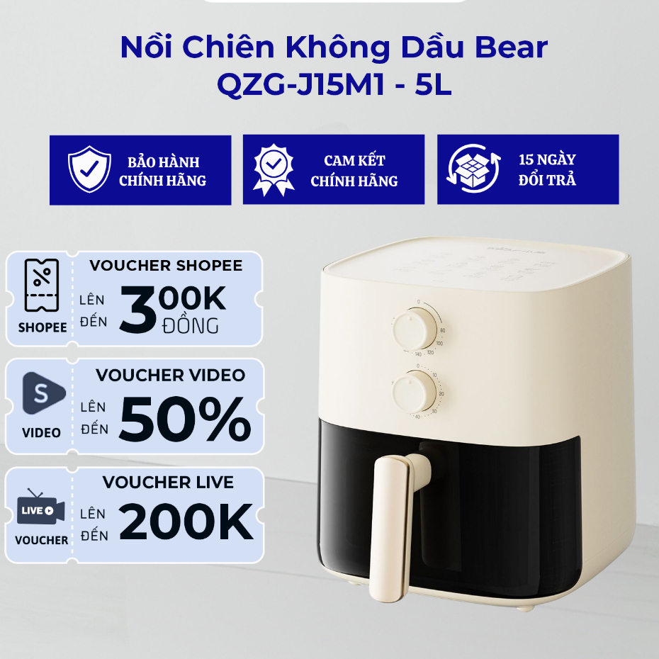 Nồi Chiên Không Dầu Bear QZG-J15M1 -1500W, Dung Tích 5L | Hàng Chính Hãng - Bảo Hành 18 Tháng