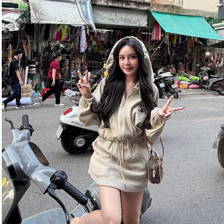 Set đầm buộc cổ dáng maxi mix áo kẻ nâu dài tay lệch vai thiết kế LINH HOÀNG TỰ MAY LẠI, Set váy bod