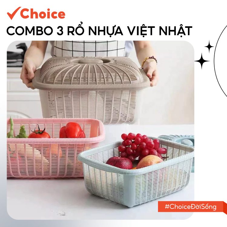   Choice  Combo 3 rổ nhựa Việt Nhật NH447 vuông có nắp đậy đựng rau củ quả cao cấp 