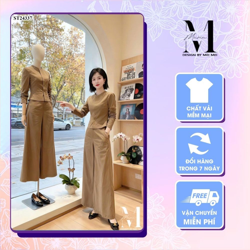 Set Bộ Công Sở Nữ MeiMei Áo Tay Dài Phối Quần Ống Rộng Phong Cách Công Sở Hiện Đại Thanh Lịch ST2433