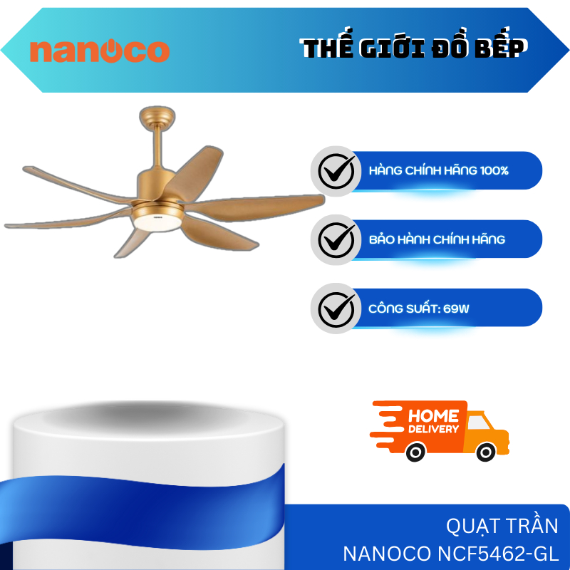 Quạt trần Nanoco NCF5462-GL/SL/PL – 6 Cánh – Công Suất 69W – Động Cơ DC – Điều Khiển Remote – TGB