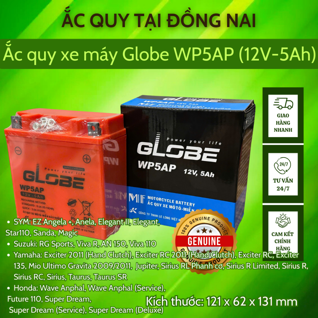 Bình acquy xe máy Globe WP5AP (12V-5Ah) dành cho xe
