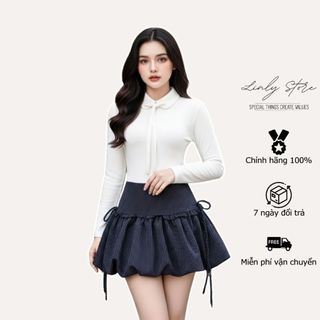  Set áo kiểu nữ body tay dài cổ sen mix chân váy bí tiểu thư phối dây nơ Linly Store A-AT6 
