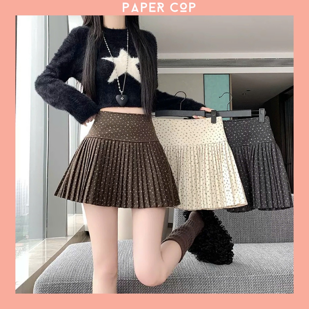 Chân Váy Dạ Xếp Ly Dáng Ngắn Mini Xòe Nhẹ LADER Họa Tiết Hoa Nhí Cạp Bản To Khóa Kéo Sườn Phong Cách