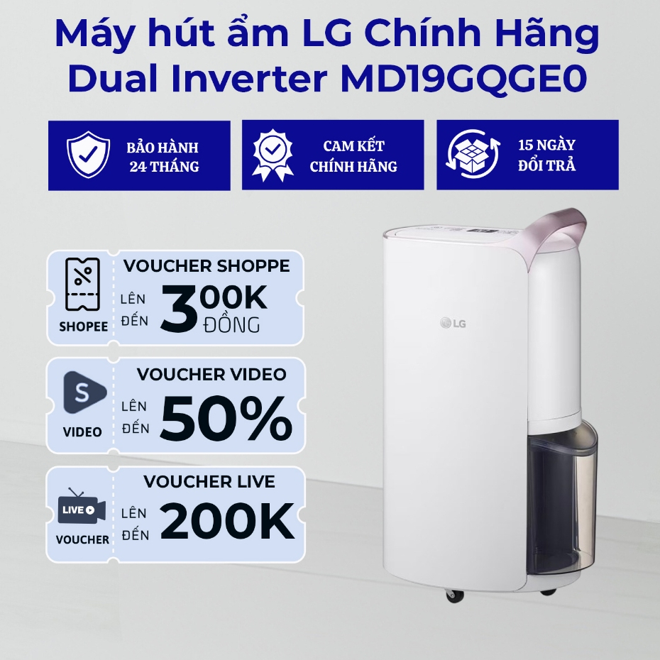 Máy hút ẩm LG Chính Hãng Dual Inverter 19L (Trắng) - MD19GQGE0 - Bảo Hành Chính Hãng 24 Tháng | BigBuy360 - bigbuy360.vn
