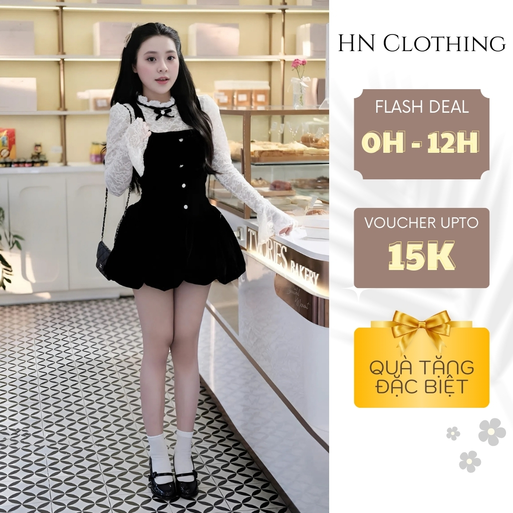 Set váy nhung đen phối áo ren tay dài  form bồng tiểu thư cực xinh, tôn dáng chuẩn HN Clothing S126