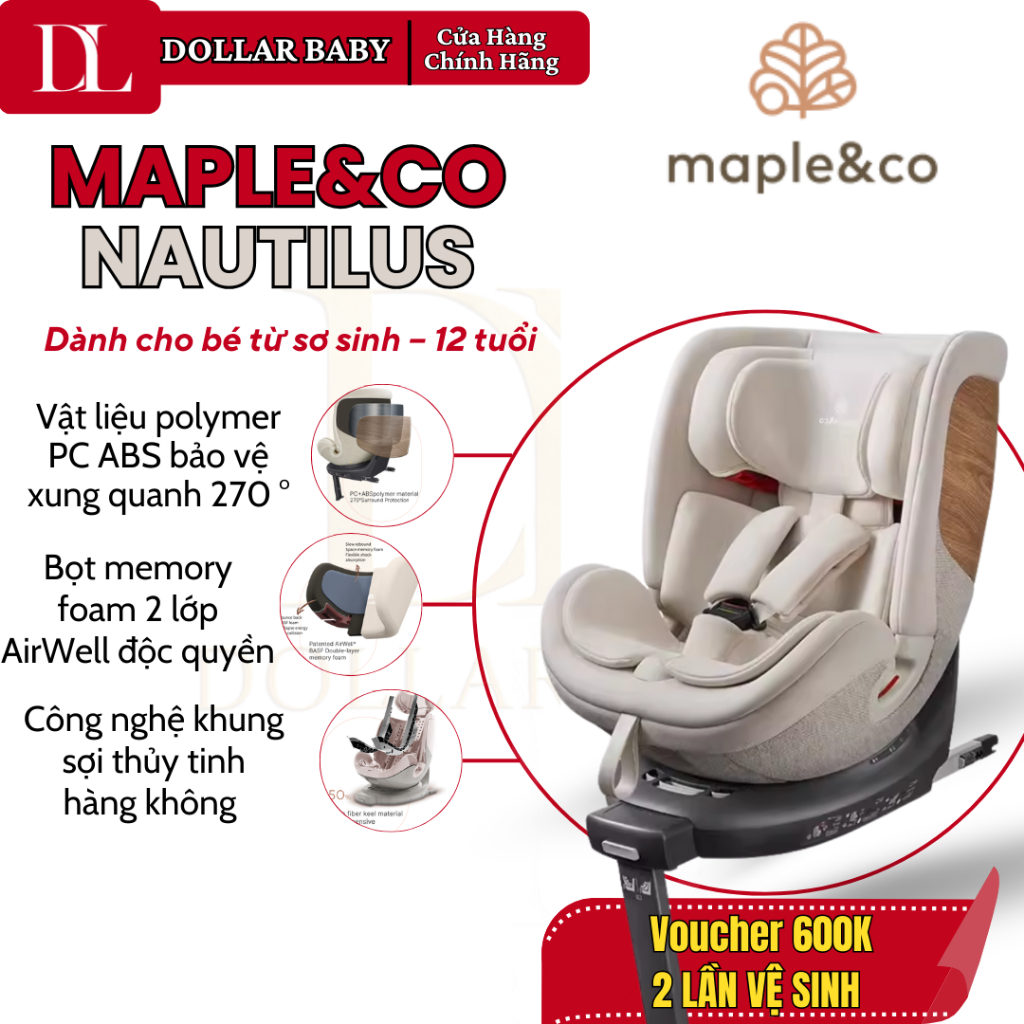 Ghế Ô Tô Maple&Co Nautilus - 0-7 Tuổi, Xoay 360 Độ, R129, ISOFIX - Chính Hãng Mỹ