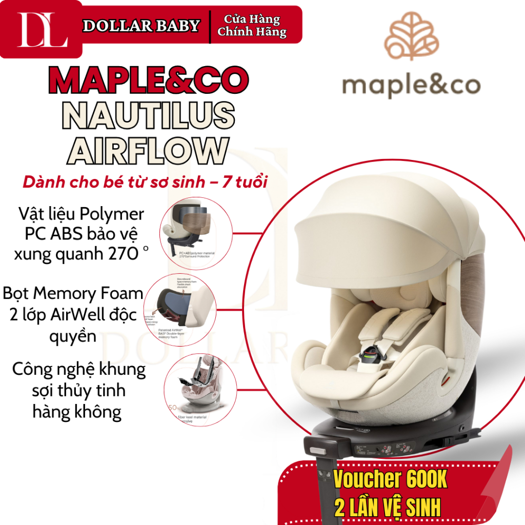 Ghế Ô Tô Maple&Co Nautilus Airflow - 0-7T, Quạt Làm Mát, Xoay 360°, Chuẩn R129 - Chính Hãng Mỹ