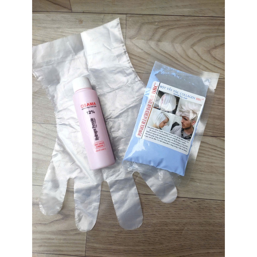 Combo 100gram Bột tẩy, 100ml oxy, bao tay