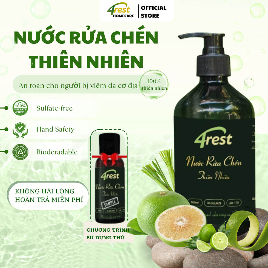 Nước Rửa Chén Thiên Nhiên 4rest,  Không Hoá Chất, Không Ngứa Tay,  An Toàn Cho Gia Đình, 500ml