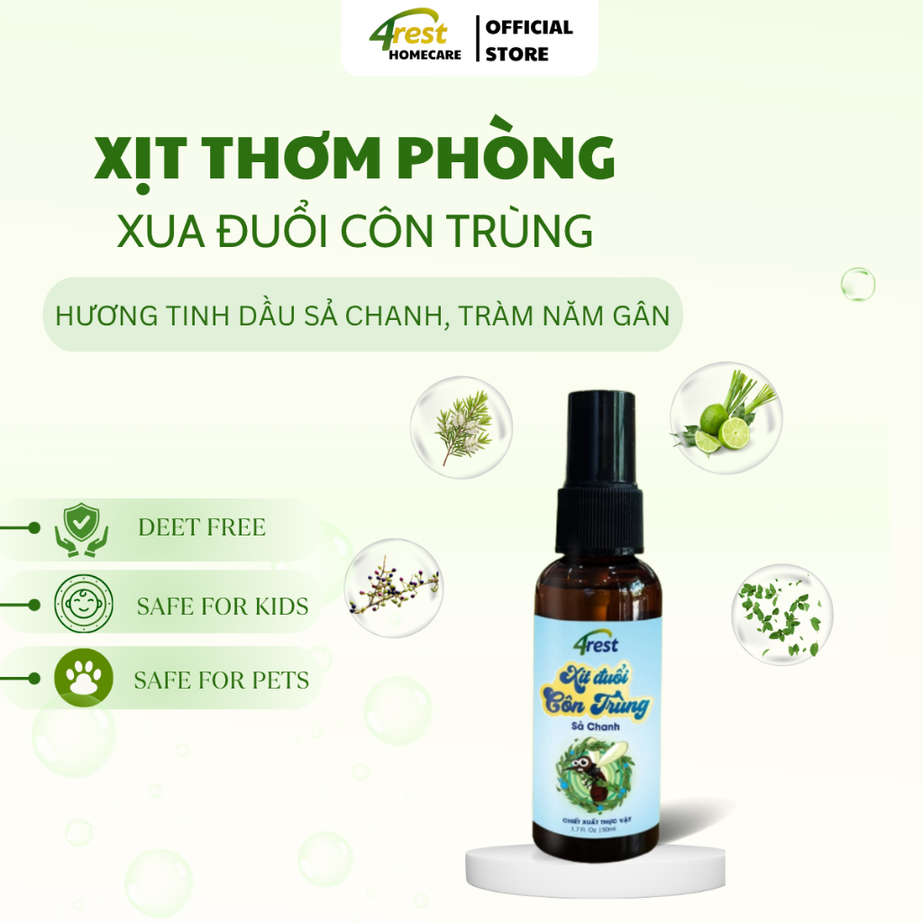 Xịt Tinh Dầu Khử Mùi  4REST Thuần Chay Hương Tràm Sả, Không Hóa Chất Độc Hại, Làm Thơm Phòng