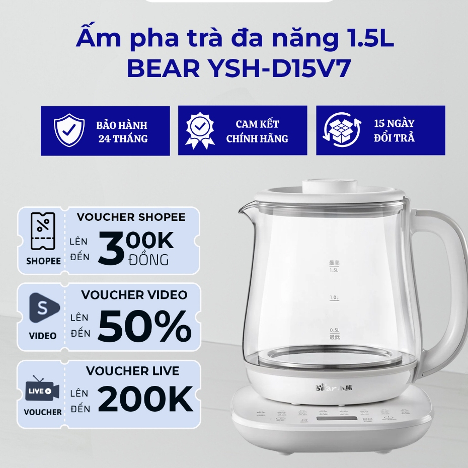 Ấm Đun Nước Đa Năng 1.5L Bear YSH-D15V7 | Bảo Hành 18 Tháng, Hàng Chính Hãng