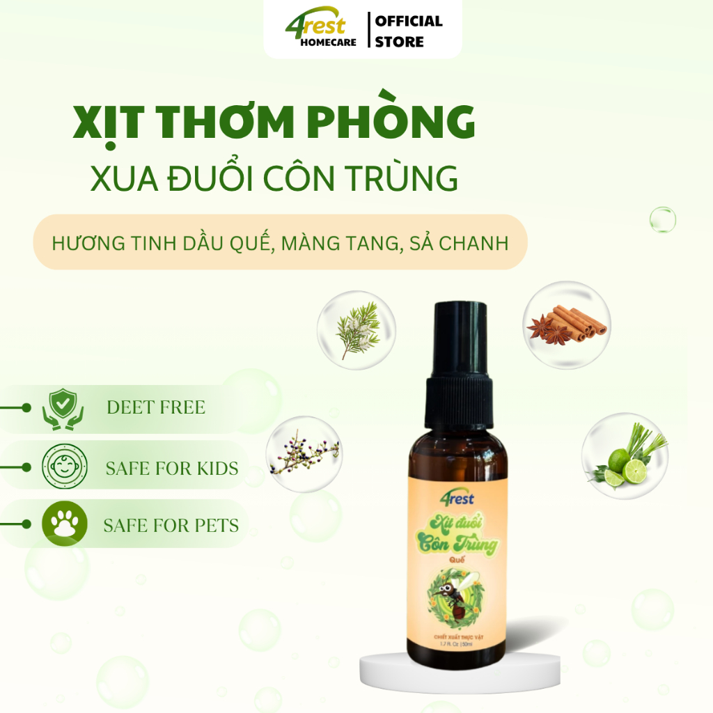 Xịt Tinh Dầu Khử Mùi 4REST Thuần Chay Hương Quế, Lành Tính Cho Trẻ Em, Không Hóa Chất Độc Hại, Làm T