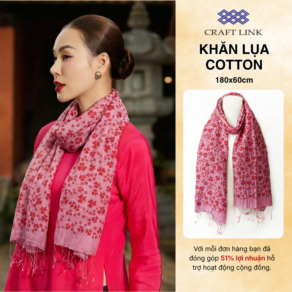 Khăn Quàng Choàng Cổ Cotton Lụa Craft Link Họa Tiết Hoa Nhí Hàng Thủ Công Việt Nam Cao Cấp, Quà Tặng
