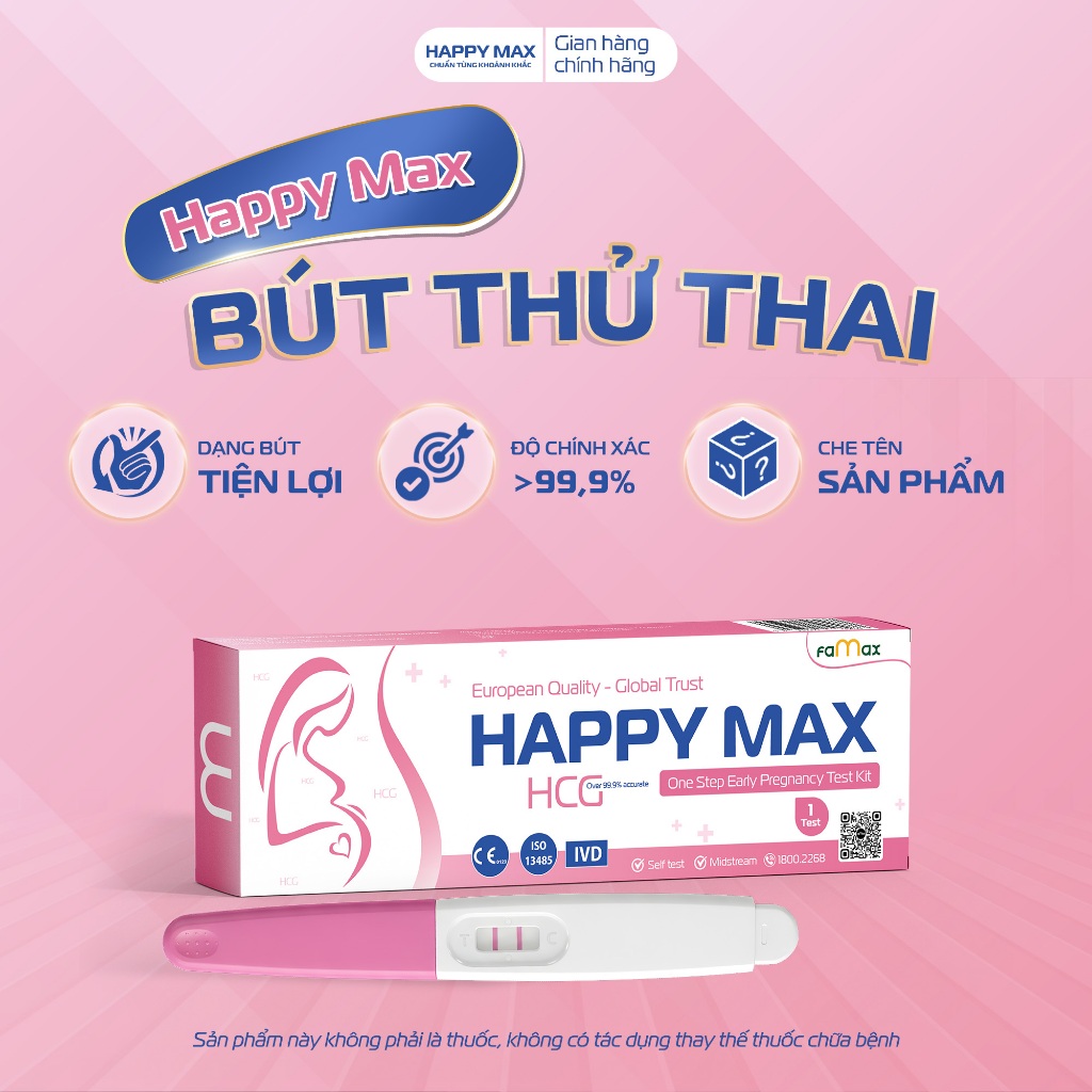 [FAMAX] Bút Thử Thai HCG HAPPYMAX - Phát Hiện Thai Sớm Trong 3 Phút, Độ Chính Xác Cao