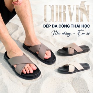  Dép da nam quai chéo CORVIN dép công thái học thoáng khí đế cao su bền bỉ chống thấm nước chống trơn trượt 