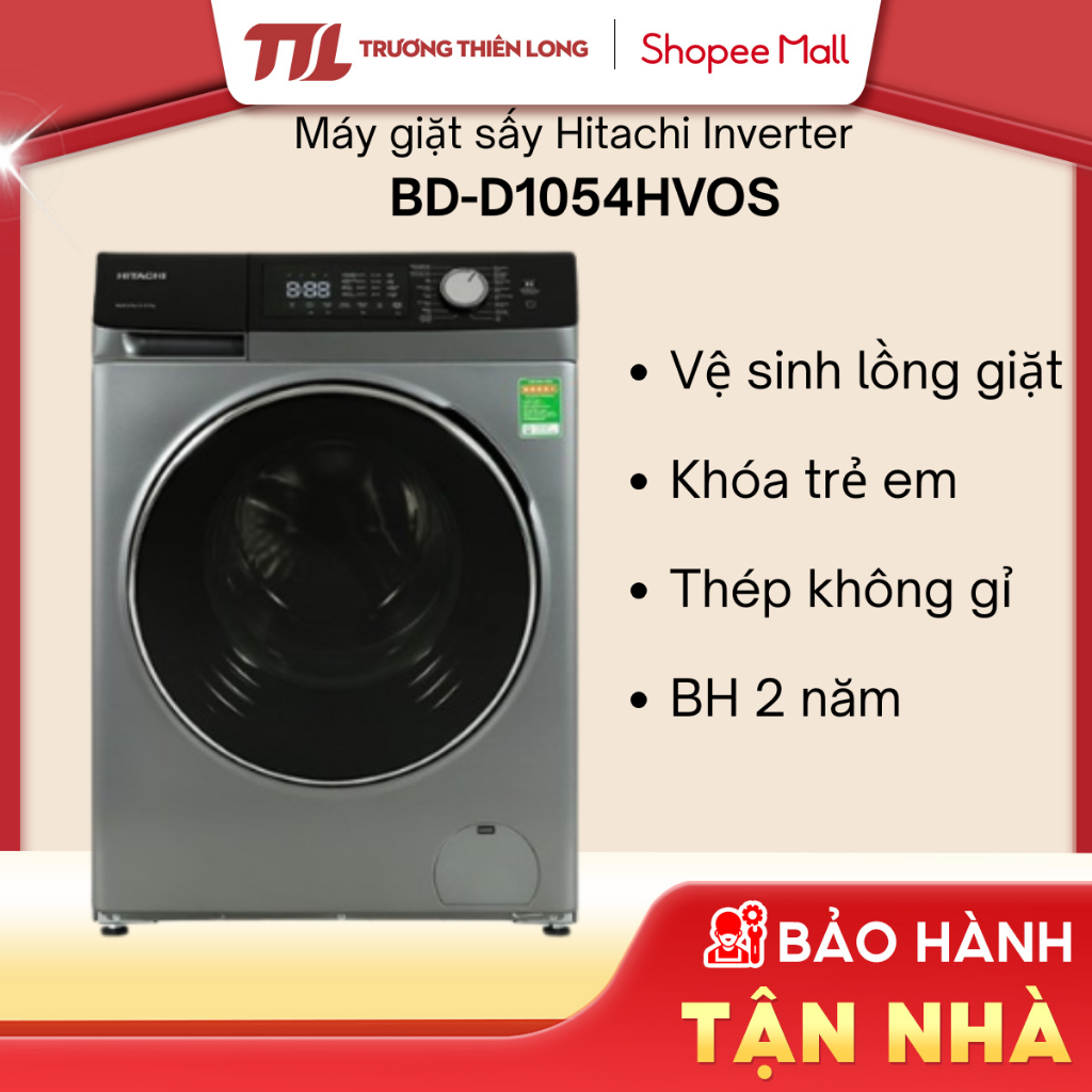 Máy giặt sấy Hitachi BD-D1054HVOS 10.5kg - Xám đậm, Inverter, Giặt hơi nước, Chống nhăn