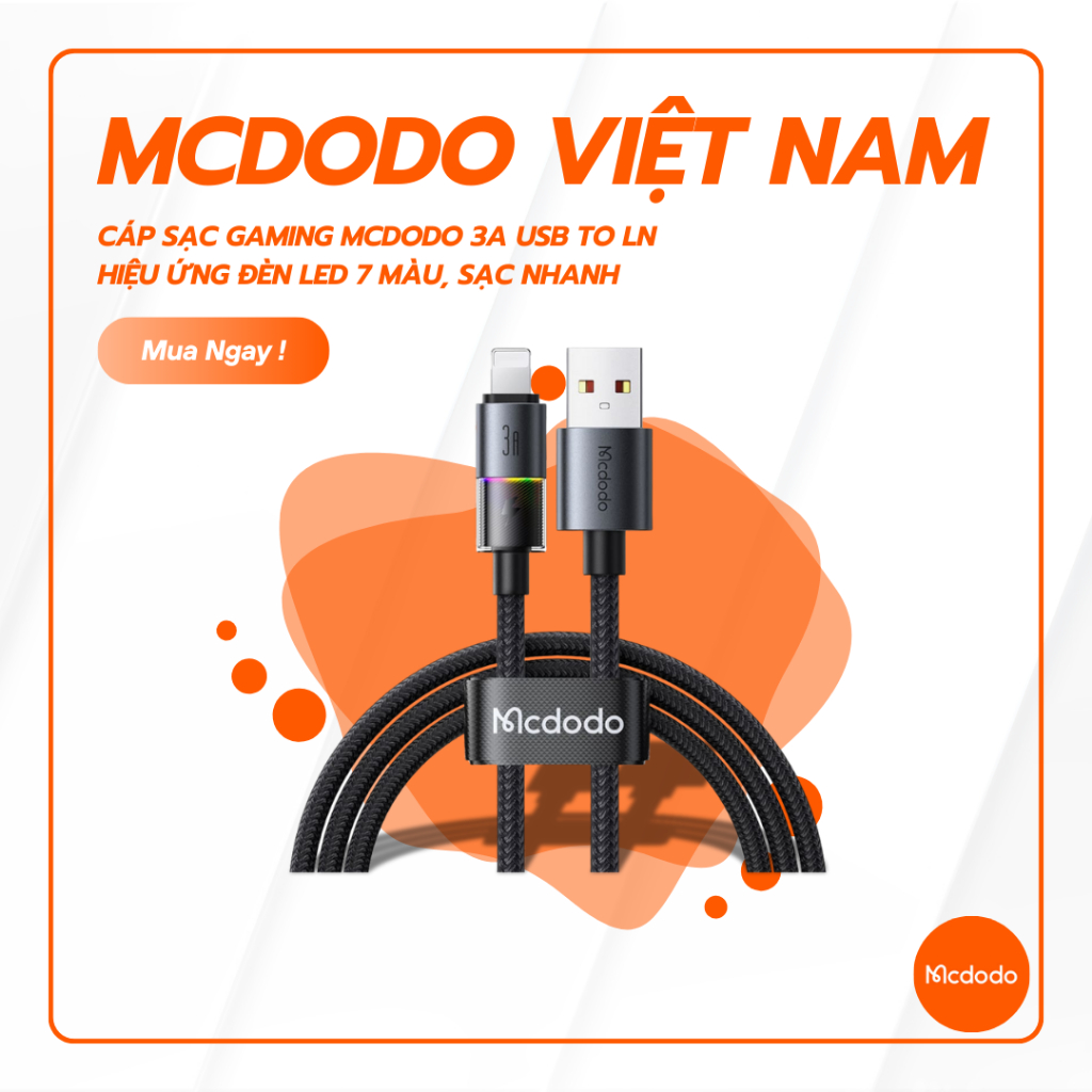 Cáp Sạc Gaming Mcdodo 3A USB to Ln | Hiệu Ứng Đèn LED 7 Màu, Sạc Nhanh