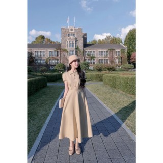  CÉLESTE - LIZZY DRESS Váy Tiểu Thư Dáng Dài Xoè Tay Ngắn Chất Kaki Hàn Thiết Kế Cổ Bẻ Phối Cúc Bọc Tôn Dáng 