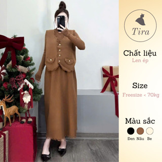  Set váy len bầu TIRA MAMA SV1724 set gile chân tua rua túi nắp Set váy mùa đông sang chảnh 