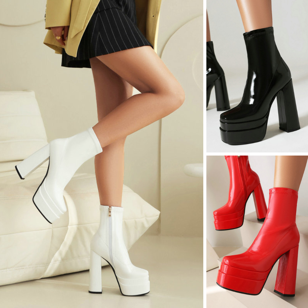 Giày boot nữ cổ ngắn DA BÓNG màu đen, đỏ, trắng  cao gót 14cm đế kép CHẮC CHÂN GBN74