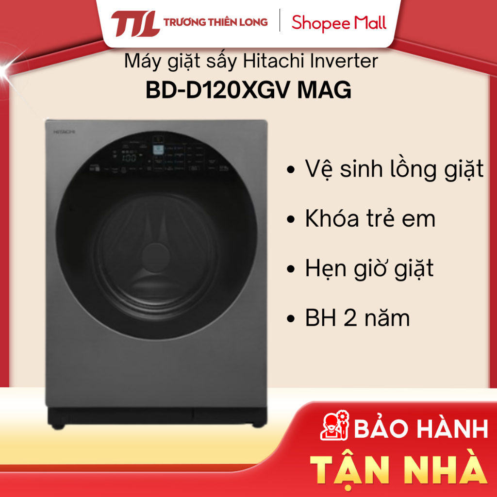 Máy giặt sấy Hitachi Inverter BD-D120XGV - Giặt 12 kg, Sấy 8 kg, Màu xám