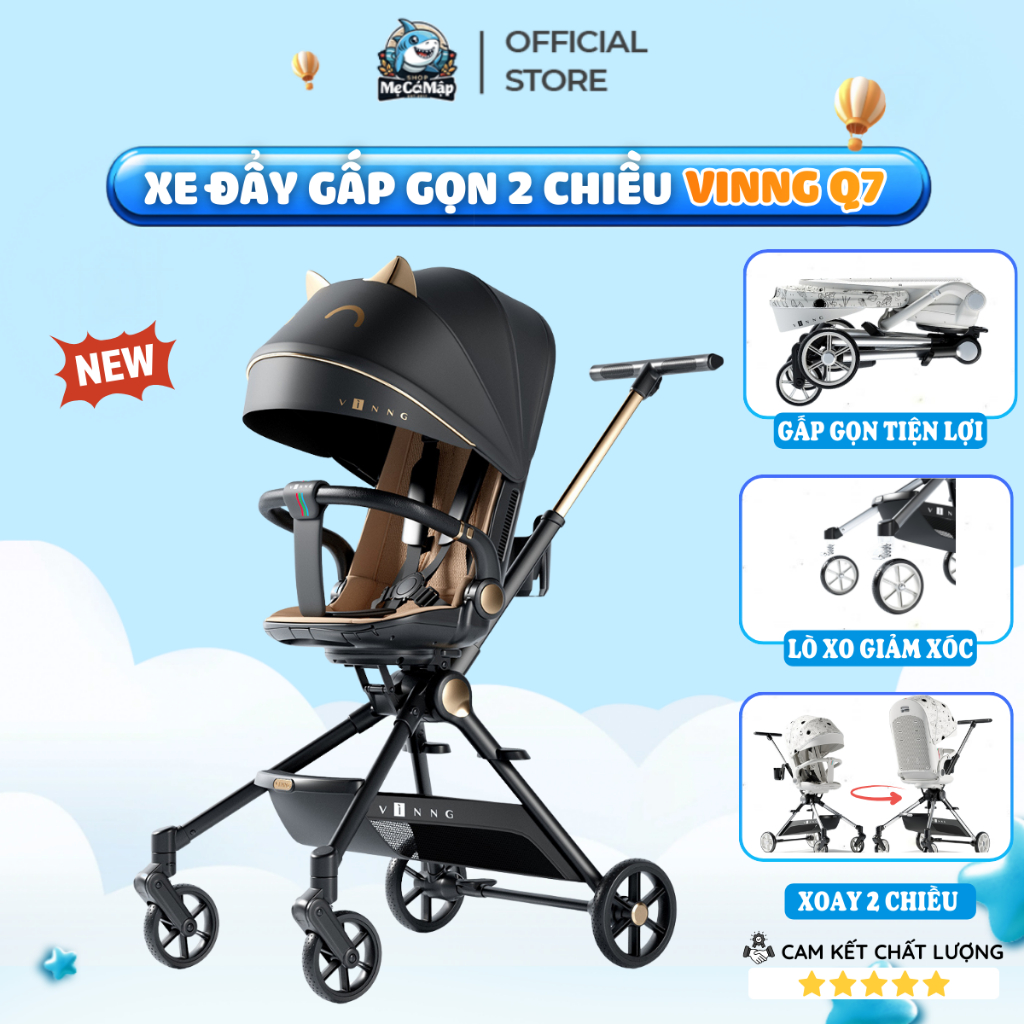 Xe Đẩy Cho Bé Vinng Q7 Cao Cấp, Xe Đẩy Trẻ Em Gấp Gọn Đảo Chiều 3 Chế Độ Ngả Lưng Tiện Lợi, Bánh Xe 