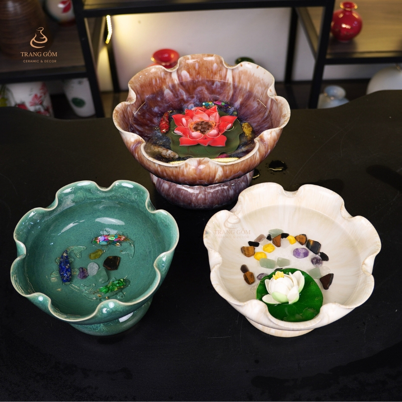Bát thả hoa, bát nước tụ thuỷ minh đường gốm sứ Bát Tràng đặt ban thờ thần tài thu hút lộc, bình an
