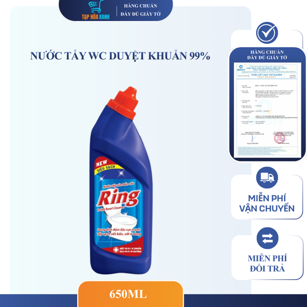 Ring Nước Vệ Sinh Toilet Ring Duyệt Khuẩn 99% 650ML - Đánh Bay Vết Ố Vàng Cứng Đầu Hiệu Quả