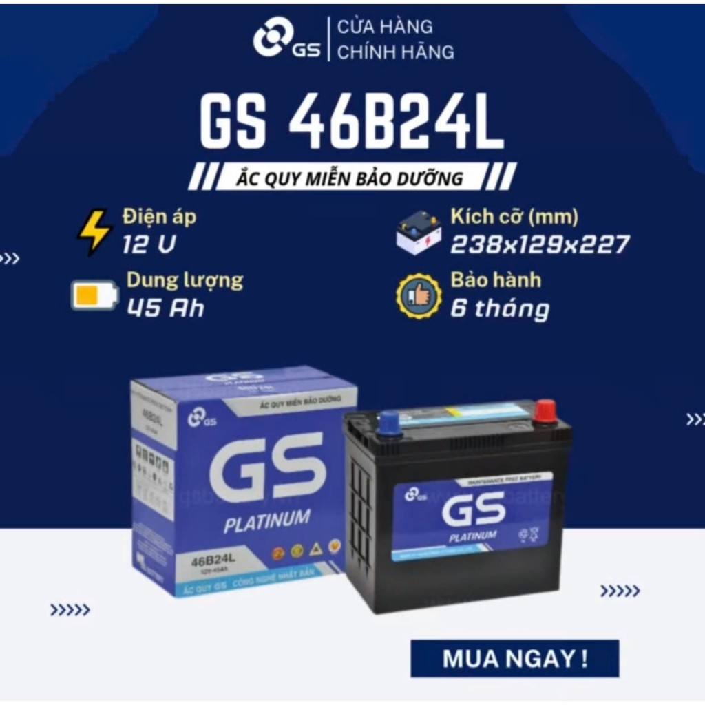 Bình ắc quy khô GS MF 46B24LS/R dùng cho xe Hyundai, Toyota, Mitsubishi, Mazda, Lexus