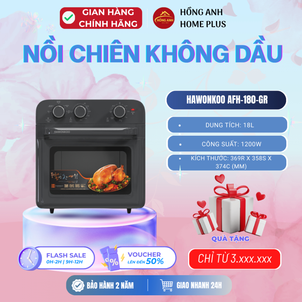 Nồi chiên không dầu Hawonkoo AFH-180-GR dung tích 18L công suất 1200W thân kim loại sơn tĩnh điện