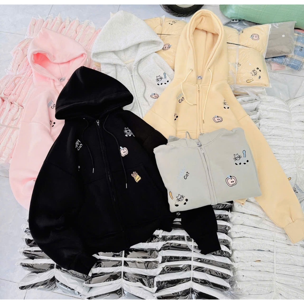 Áo Hoodie Nỉ Bông Khóa Zip Thêu icon HAPPY MEO Túi Trong Form Rộng Basic Nam Nữ Unisex Phong Cách Ge