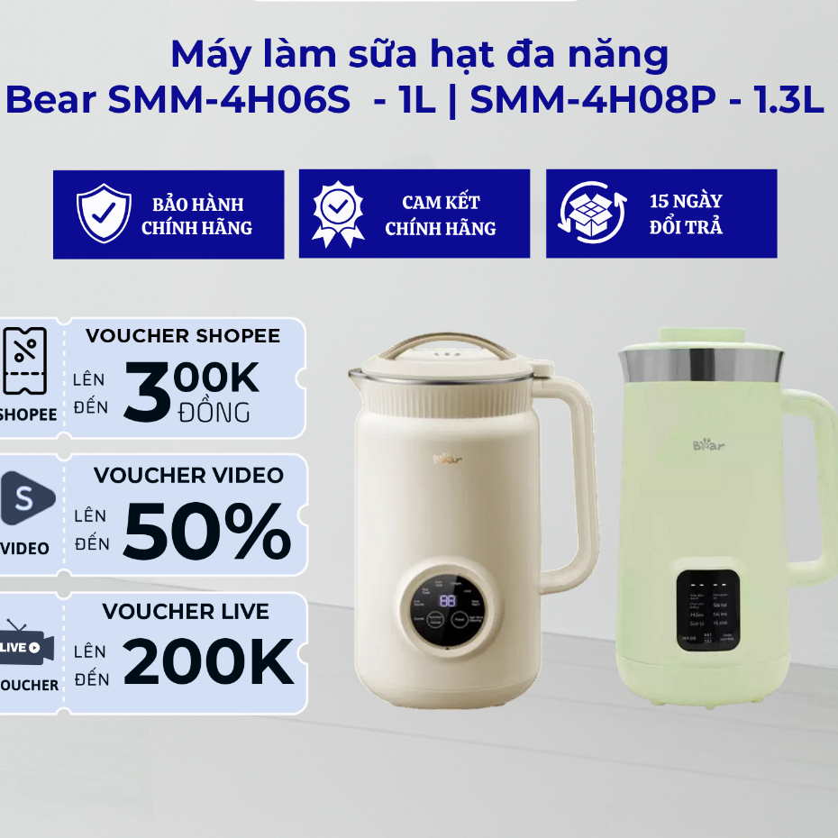 Máy làm sữa hạt 1L Bear DJJ- D06W5 (SMM-4H06S) - 800W - Hàng Chính Hãng - Bảo Hành 18 Tháng