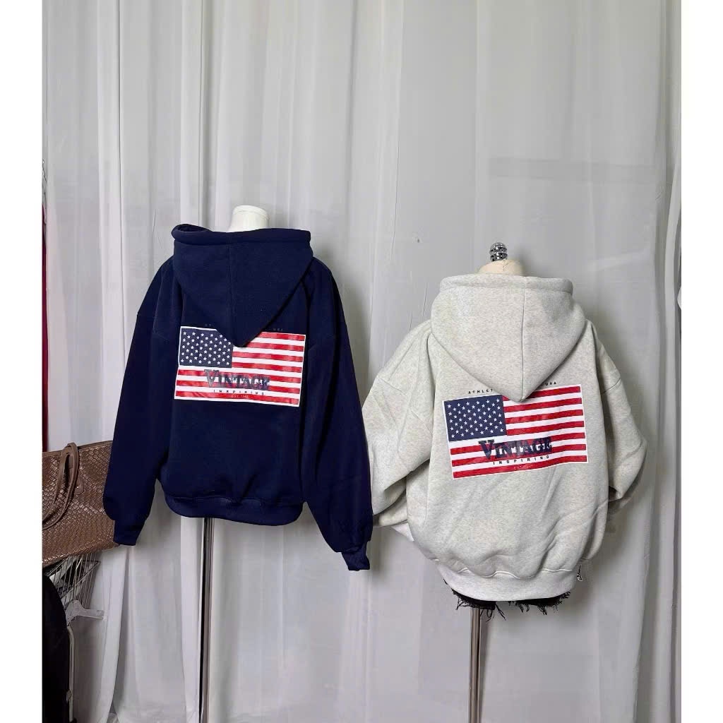 Áo Hoodie Nỉ Bông Khóa Zip in NỔI Hình Cờ Mỹ Form Rộng Basic Nam Nữ Unisex Phong Cách Genz Ulzzang N