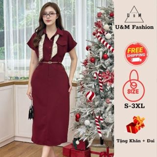  Váy đầm thiết kế có Bigsize U&M kèm đai eo tôn dáng có túi sườn đi làm đi chơi đi tiệc  tặng khăn   V62  