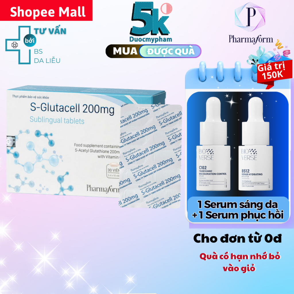 Viên Ngậm Trắng Da PharmaformS-GLUTACELL 200MG ngừa lão hoá da  (Hộp 30 Viên)