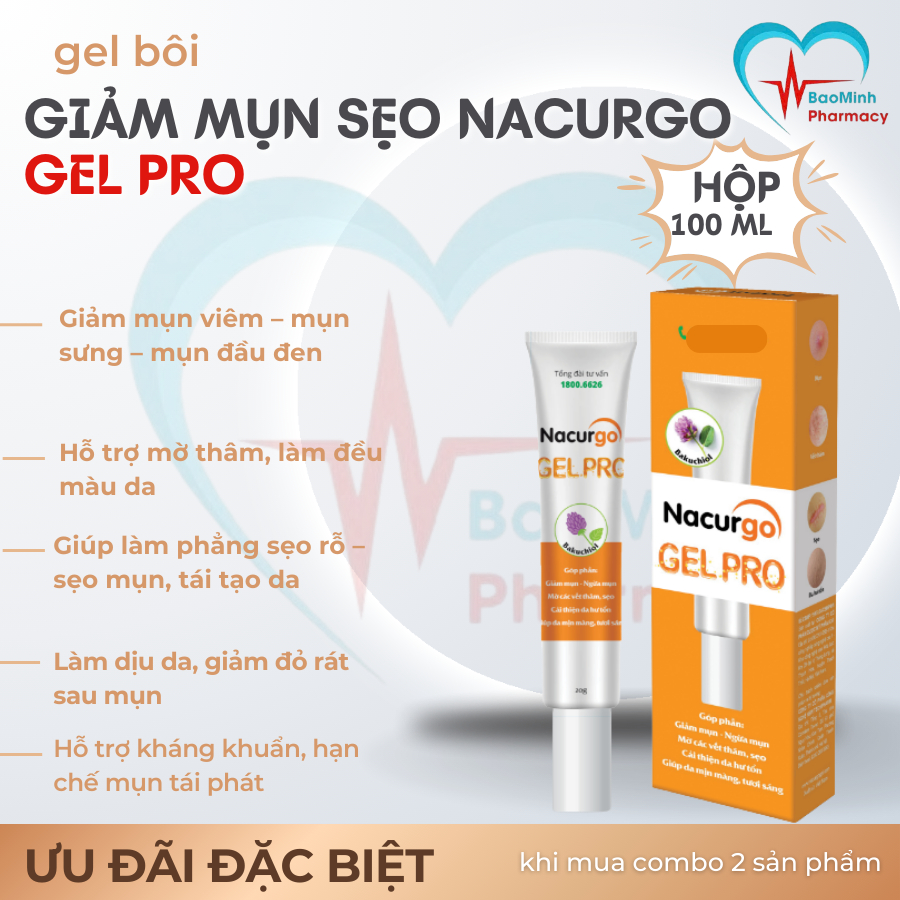 Gel Bôi Mụn Nacurgo Gel Mờ Thâm Sẹo Mụn Giảm Mụn Đầu Đen Mụn Ẩn Kiểm Soát Bã Nhờn Tuýt 20g