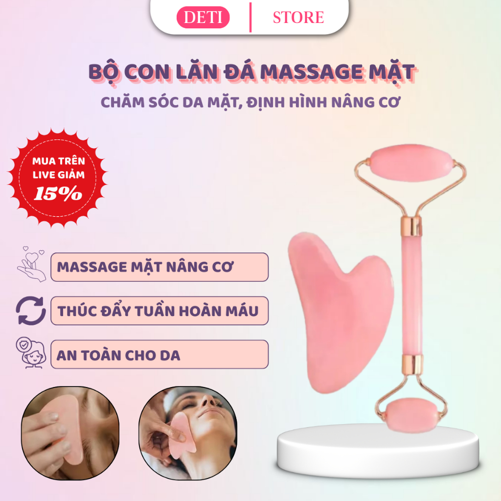 [ĐÁ TỰ NHIÊN] Bộ Đá Guasha Massage Mặt Giảm Nếp Nhăn + Cây Lăn Massage Nâng Cơ Bằng Đá Tự Nhiên