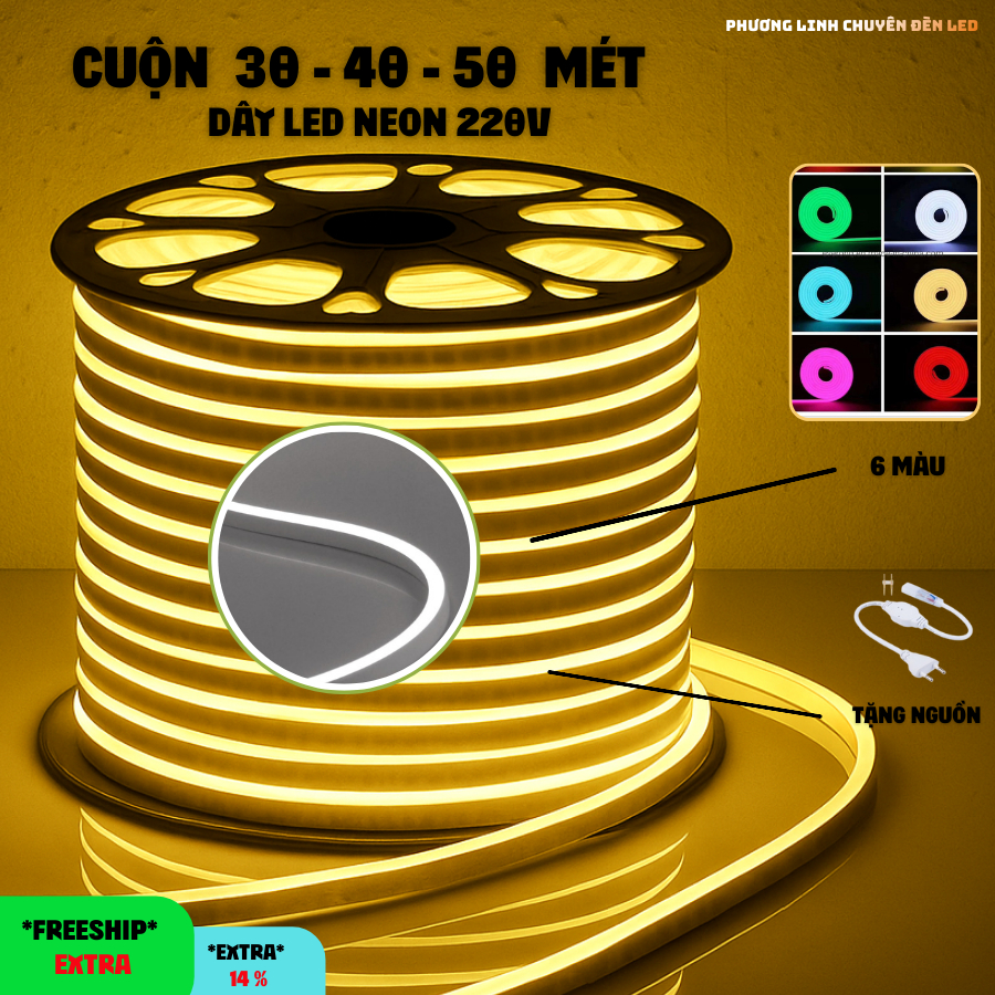Đèn LED Neon 220V 1 Mặt/2 Mặt – Trang Trí Viền, 30-40-50m, IP67 – Tặng Bộ Nguồn 15A (100m)