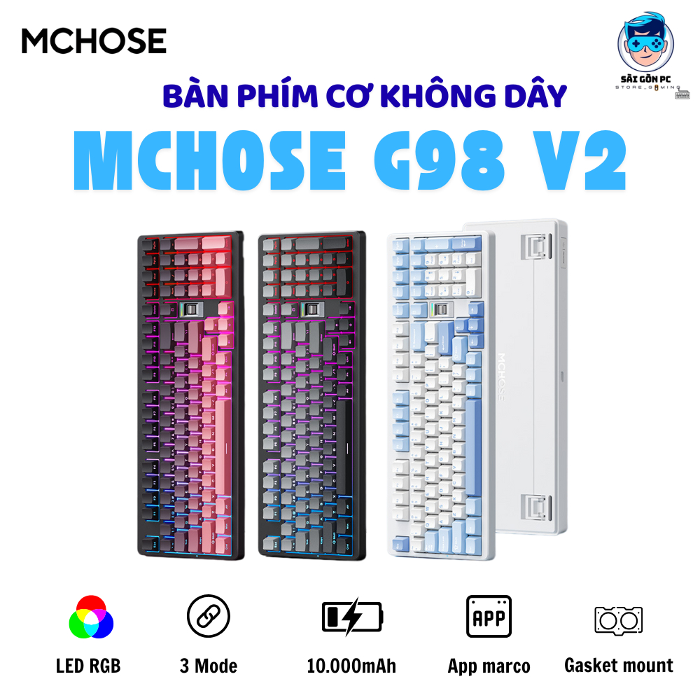 Bàn phím cơ không dây Fullsize Mchose G98 V2 - 3 mode kết nối - Hotswap 5 pin - Pin 10000mAh - App marco - Led RGB | BigBuy360 - bigbuy360.vn