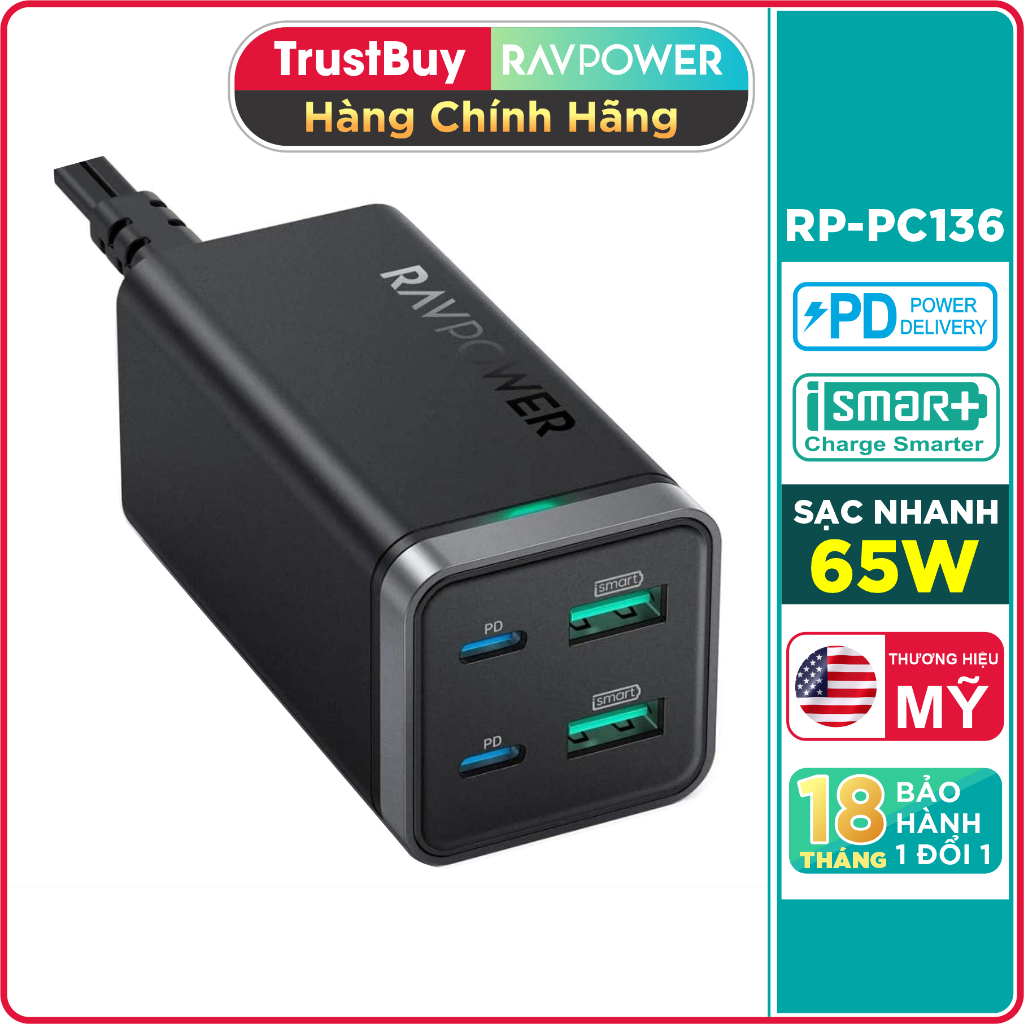 Củ Sạc Điện Thoại, Máy tỉnh bảng, Macbook, RAVPower RP-PC136 2 Cổng USB và 2 Cổng USB Type C PD 65W
