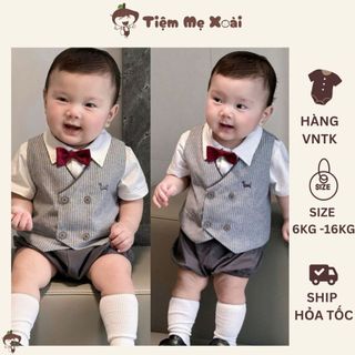  Set vest công tử  sọc xám nơ đỏ tổng dài kèm jum áo gile nơ cho bé trai - TIỆM MẸ XOÀI 