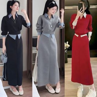  Set đồ nữ Áo nỉ dài tay phối cổ sơ mi kẻ mix chân váy nỉ dáng dài Thời trang thu đông HOT 