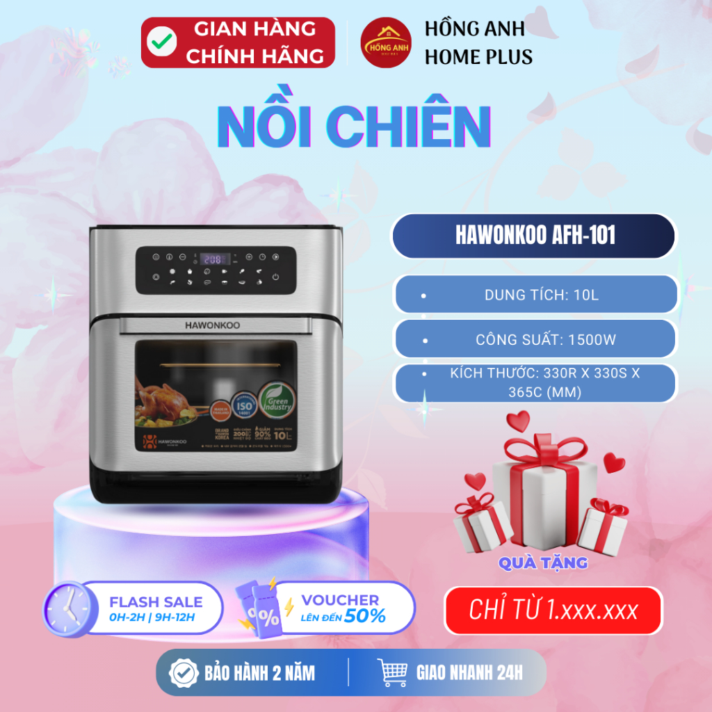 Nồi chiên không dầu Hawonkoo AFH-101 dung tích 10L công suất 1500W, 9 chế độ nấu, công nghệ điện trở