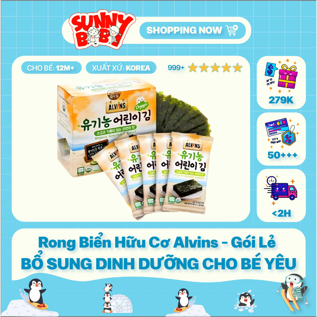 [Lẻ Gói Nhỏ] Rong Biển Hữu Cơ Và Hữu Cơ Tách Muối Ăn Liền Alvins Hàn quốc Cho Bé ăn dặm