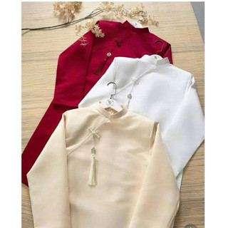 Áo Dài Cách Tân Nam Đính Nơ Cài Ngọc